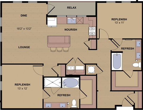 Floor plan for 2 beds, 2 baths, 1286 sqft